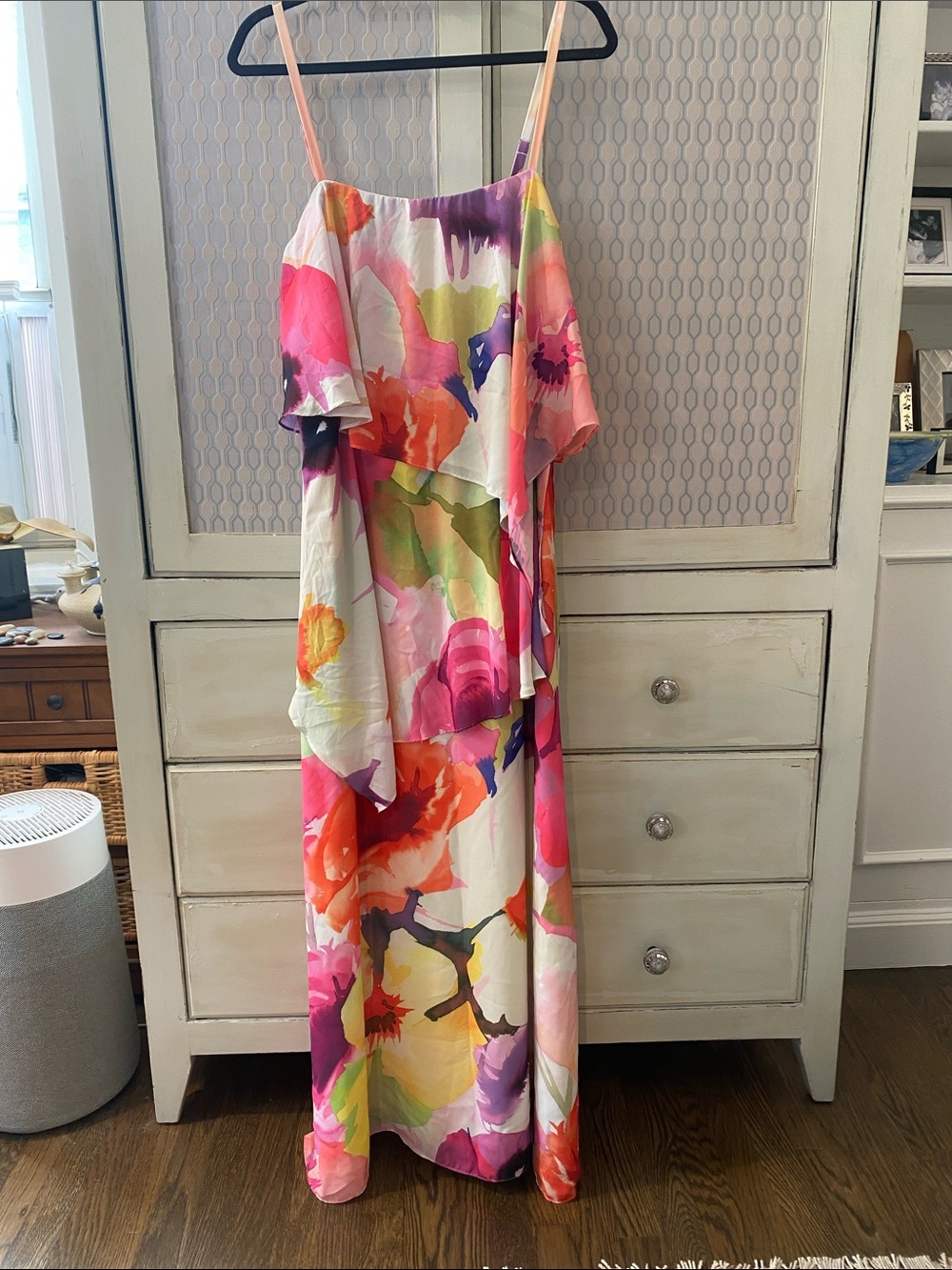 Floral Watercolor Maxi Dress with Overlay Ruffle